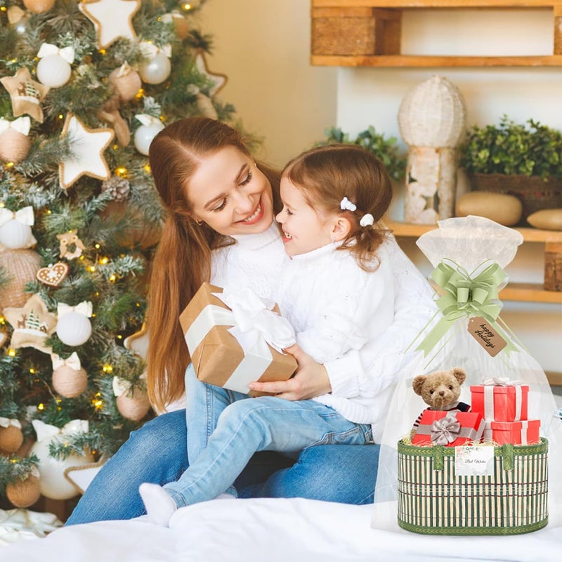 SelfTek 3 Pack Baskets for Gifts Empty, Woven Bamboo G-ift Basket Kit with Wrap Bags, Gift Card, Raffia and Pull Bows, Gifts Baskets for Birthday, Wedding, 30 x 20 x 15 cm - Green - Image 5